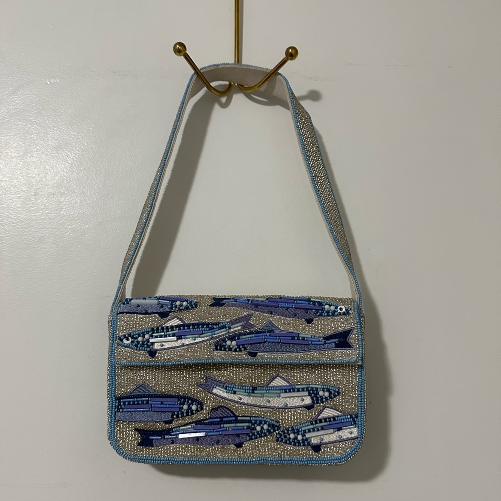 Anthropologie Beaded Fish Motif Shoulder Bag in Blue and Silver